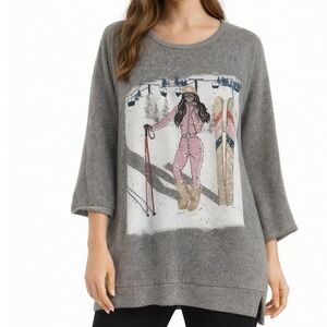 Love & Lace Graphic Top Blouse Womens Sz XL Gray Embellished Whimsical Romantic